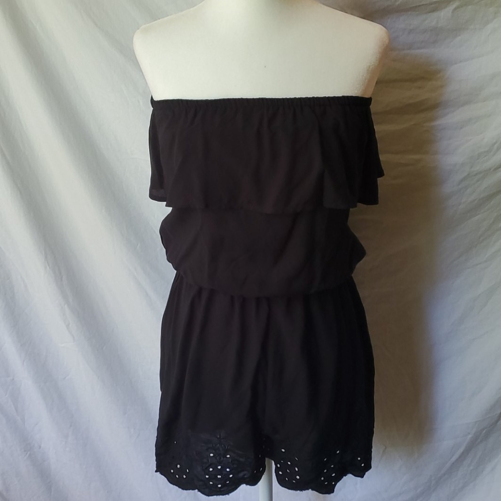 Black Strapless Ruffle Eyelet Romper